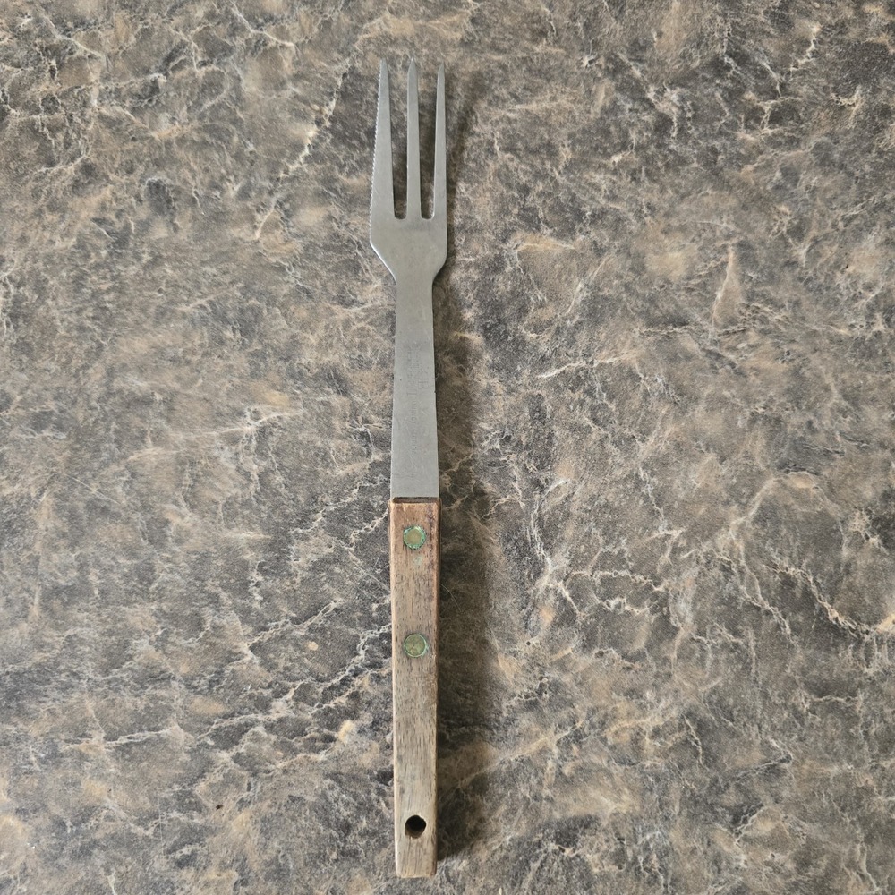 Vernco Granny 3 Prong Tine Meat Serving Fork Wood 9"‎ Stainless
